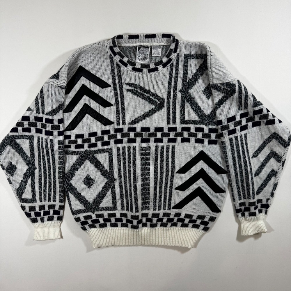 Vintage Geometric Knit Sweater White Black Purple Leather L 90s Y2K‎ Grandpacore